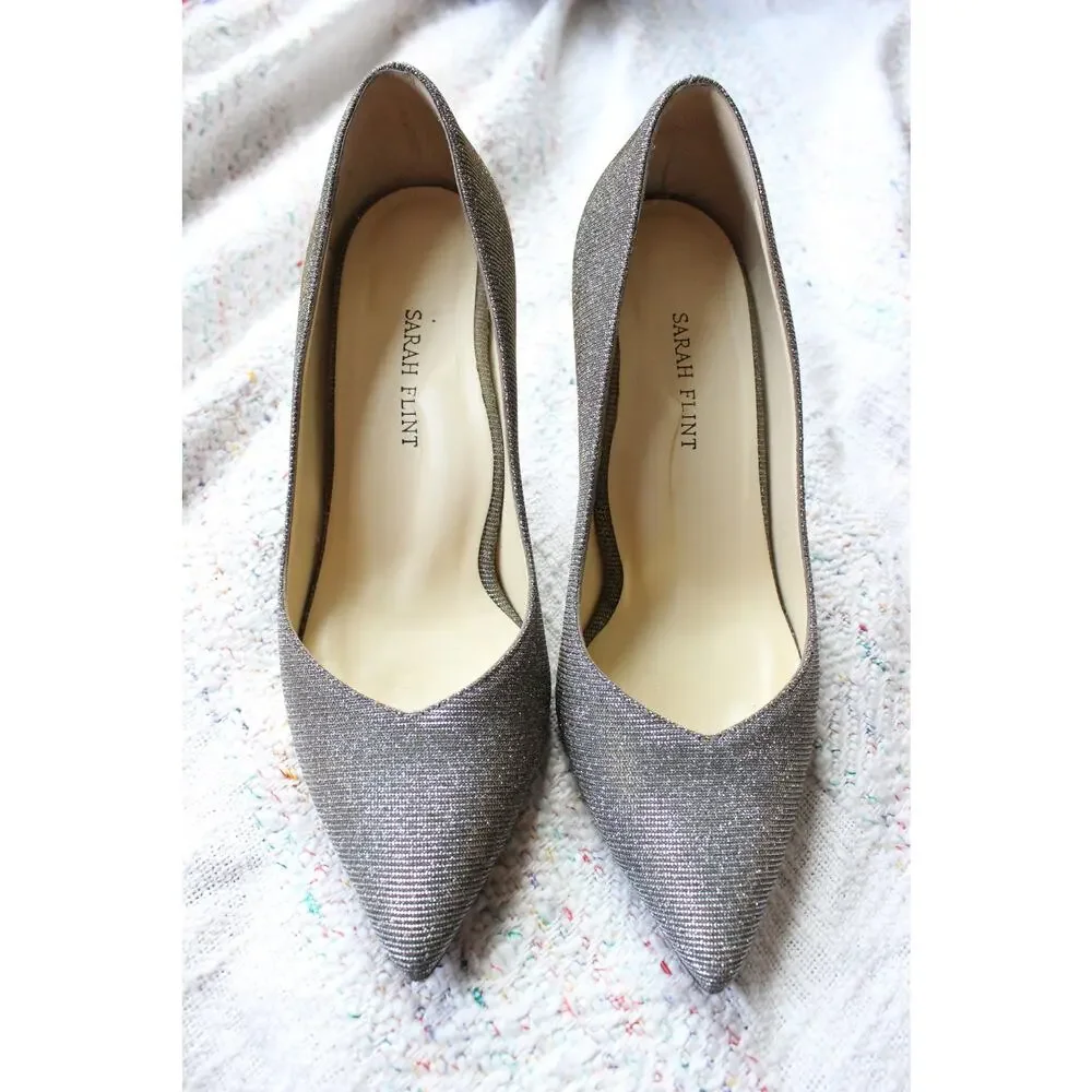 Sarah Flint Perfect Pump 100 Gunmetal Lame Glitter Metallic Heels Size 39